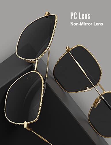 Image of LUENX Square Sunglasses for Women Oversized-Trendy Polygon Flat Three dimensional Rhombic Loop Wire Frame PC Lens, Gold Frame /Grey Lens,