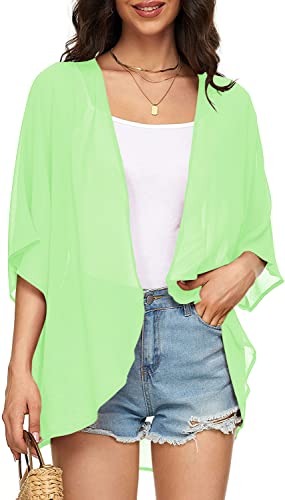 Image of Indian Trendy Women's Solid Puff Sleeve Kimono Cardigan Loose Cover Up Casual Blouse Top Chiffon