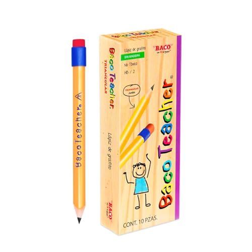 La Mejor Selección de Lápices los 5 mejores. 43 Baco | Lápiz de Grafito Bacoteacher Jumbo Triangular HB/2 - Caja con 10 Lápices Gruesos