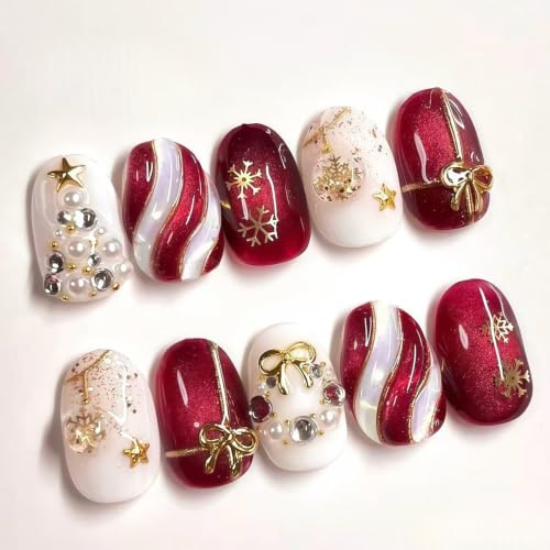 30Pcs Christmas Press on Nails Short Oval Fake Nails Winter Holiday Nails