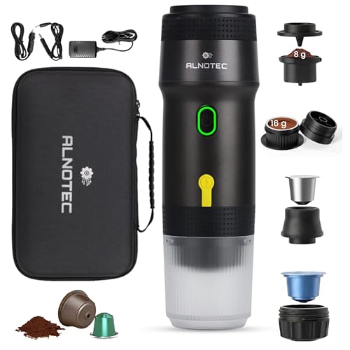 Alnotec - Cafetera portátil (20 barras, recargable), cafetera portátil, autoclavante, compatible con cápsulas NES, DG & Café molido, cargador USB, 220 V y coche, bolsa de transporte (negro)