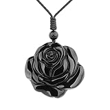 Black Obsidian Rose Necklace Natural Crystal Flower Amulet Protection Pendant with Adjustable Rope Lucky Flower Rose Necklace Jewelry Gifts for Women