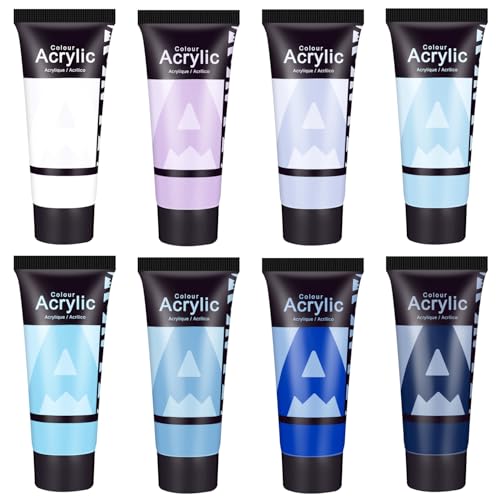 AUREUO Blue Acrylic Paint Set - 8 Ocean Marine Coastal Colors 0.71 Fl Oz / 21ml Tubes Aqua Winter Blue Tone Art Paints for Crafts Seascapes, Gift for Painters