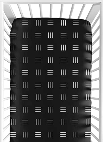 Image of Sweet Jojo Designs Black and White Boho Mudcloth Boy or Girl Fitted Crib Sheet Baby or Toddler Bed Nursery - White Black Bohemian Woodland Tribal Southwest Mud Cloth Hatch Gender Neutral Triple Line