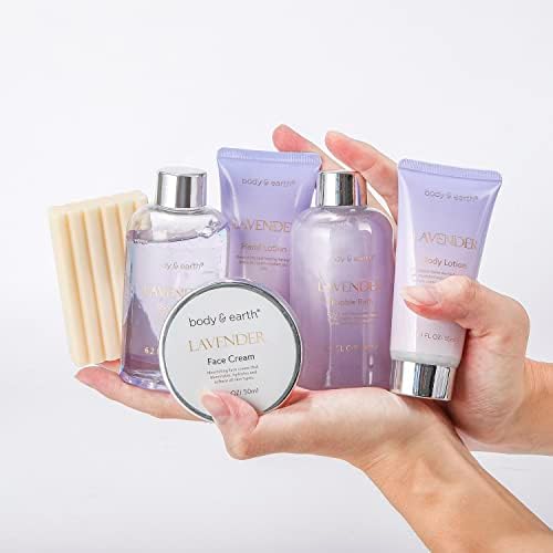 BODY & EARTH Bath Gift Set, 6 Pcs Luxurious Gifts for Women, Lavender Gift Sets for Women, Shower Gel,Bubble Bath, Face Cream, Bath Sets for Women GiftsSelf Care Gifts for women, Mothers Day Gifts
