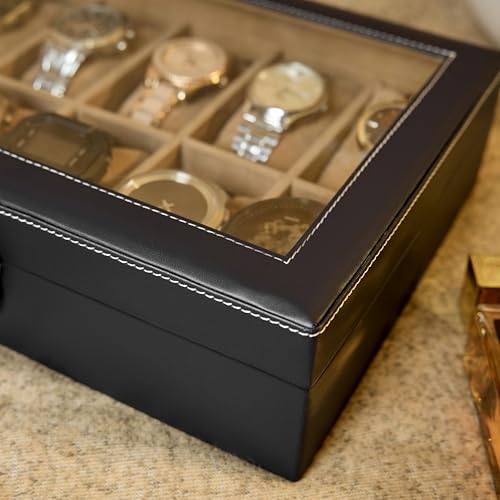Image of Leather World Faux Leather Watch Box Organizer For Men & Women - Wrist Watch Box Holder 10 Slots - Removable Pillows Display Case - Gift for Loved Ones - Black