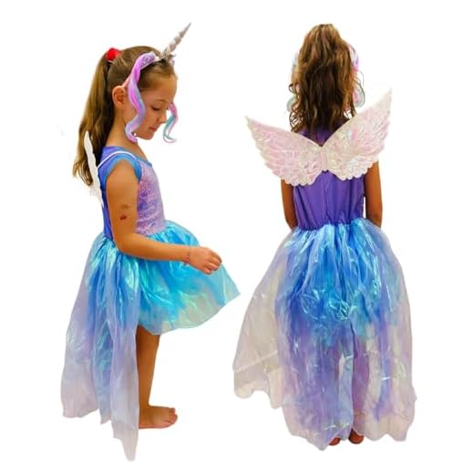 Fantasia Unicórnio Infantil com Vestido Azul e Roxo, Tiara com Chifre e Asas Brancas – Meninas Carnaval e Festa (G)