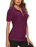 Koscacy Golf Shirts for Women,Moisture Wicking Shirts Ladies V-Neck Short Sleeve Tennis Golf Polo Running Yoga Tops Activewear Running Workout Quick Dry T-Shirt Black Purple M