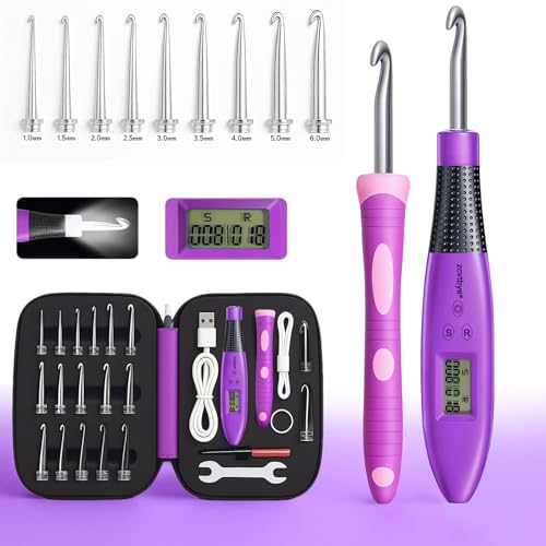 Image of Light Up Crochet Hook Set with 18 Sizes, Lighted Everything Counting Kit | Digital stitch & row counter, dual ergonomic handles, reinforced connection, bag, organizer and 1-year warranty