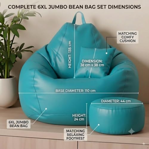 Image of KAM'S LIEU Leatherette Bean Bag Chair with Footrest | Filled with EPS Beans | Comfortable Sofa for Living Room & Bedroom | 4XL Size, Easy to Clean Color- (Aqua)