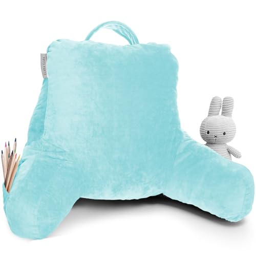 Clara Clark Reading Pillow for Kids & Teens with Shredded Memory Foam, Backrest Pillows for Reading, Watching, and Gaming, Use on The Couch, Bed, or Floor Adjustable Support, Washable Cover Light Blue