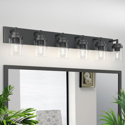 Image of Bathroom Vanity Light, 6 Light Bathroom Light Fixtures Over Mirror, Black Vanity Lights with Clear Glass Shade, Modern Bathroom Light Fixtures for Bedroom, Hallway