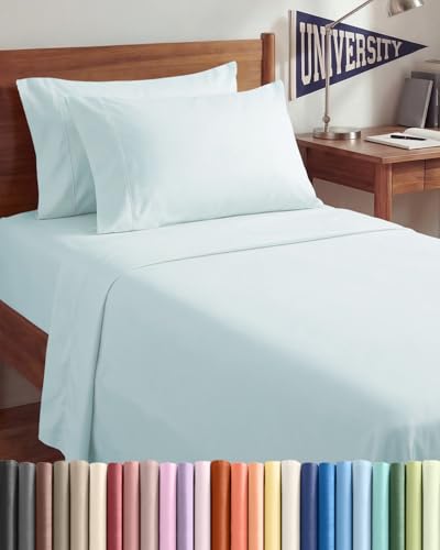 Image of Twin XL 4 Piece Sheet Set - College Dorm Room Essentials - Ice Blue | Ultra Soft Dorm Bedding Set, 8 inch to 16 inch Inch Deep Pockets, 1 Flat & 1 Fitted Sheet & 2 Pillowcases, Wrinkle & Fade Free