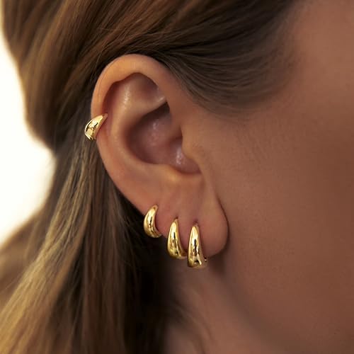 Image of Small Gold Huggie Hoop Earrings Set for Women Men Hypoallergenic 14K Plated Stack Cartilage Earrings, Sterling Silver Multiple Piercing Lightweight Mini Thin Cute Dainty Trendy Jewelry Gifts for Women