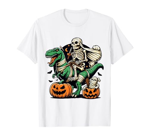 Halloween Skeleton Riding Mummy Dinosaur Maglietta