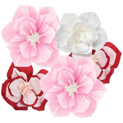 KASESSS 5 Piezas Rosa Rojo Flores de Papel Decorativas, Decoracion Cumpleaños, Pompones Papel Seda, Decoracion Fiesta Pompones de Papels para Cumpleaños Festivales Bodas Bautizos Fiesta en el Jardín