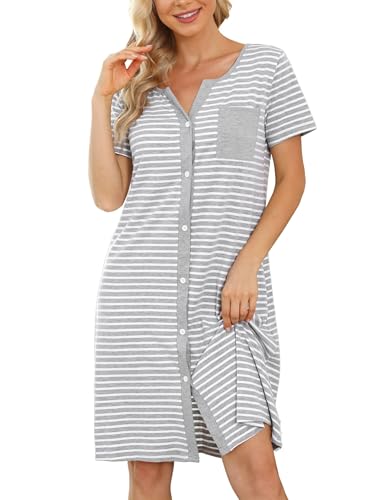 Marvmys Camisón de Algodón para Mujer Camisones Manga Corta a Rayas Ropa de Dormir con Abertura de Botones Vestido Elegante Casual para Otoño Invierno Primavera Verano S-XXL