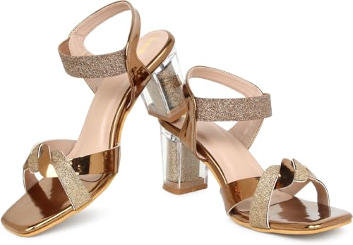 Image of Action Women's Rose Gold Glitter Sandals| Clear Block Heel| Cross-Strap Design with Ankle Strap Bronze