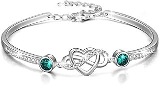 AOBOCO Infinity Bracelet Sterling Silver Love Heart Adjustable Bangle Bracelet with Birthstone Crystals, Friendship Wedding Anniversary Birthday Gifts for Her Women Wife Girlfriend Mum