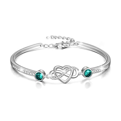 Image of AOBOCO 925 Sterling Silver Infinity Endless Love Heart Birthstone Bangle Bracelet - I Love You Forever Series Adjustable 6-8 in Bracelet with Crystals from Austria Romantic Birthday Jewelry Gift for Women Wife Girlfriend