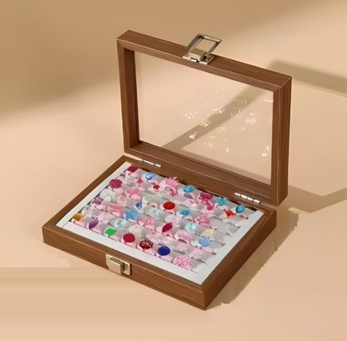 Image of KRISHYAM Wooden Jewelry Case with Glass Lid 7 Compartments Velvet Ring Box for Rings, Earrings