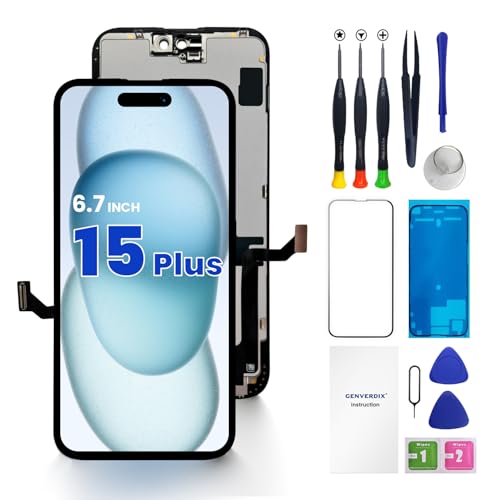 Genverdix for iPhone 15 Plus Screen Replacement 6.7 3D Touch LCD Display Full Repair kit Digitizer Assembly with Tools Set Tempered Glass Screen Protector Waterproof Frame Adhesive