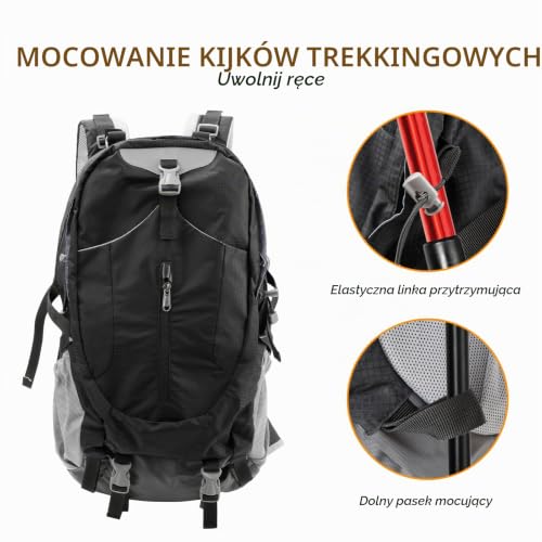 Cozary Wodoodporny plecak turystyczny 40 l dla mężczyzn i kobiet, wodoodporny i oddychający, w zestawie pokrowiec przeciwdeszczowy (czarny), czarny, 40L