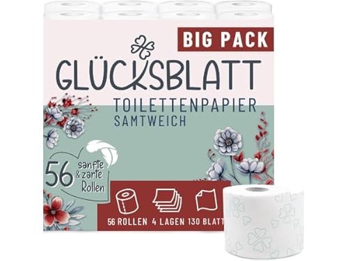 Glücksblatt Toilettenpapier SAMTWEICH mit Vanilleduft, 4-lagig, 56 Rollen x 130 Blatt, 100% Zellstoff, superweiches Klopapier mit Glücks-Prägung, WC Papier, Verpackung aus mind. 30% PCR