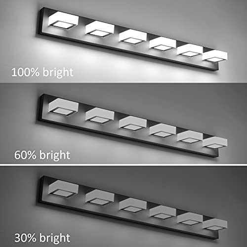 Image of Ralbay 6 Lights LED Modern Dimmable Matte Black Vanity Light Acrylic Modern Vanity Wall Light Over Mirror Dimmable Bathroom Vanity Lighting Fixtures 6000K Cool White Light