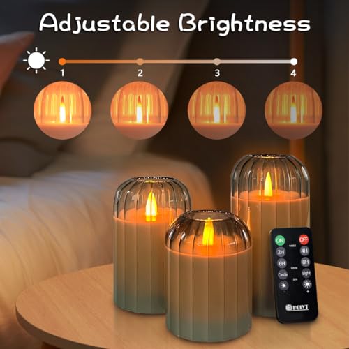 Image of LEDHOLYT Rechargeable Flameless Candle, Flashing LED Pillar Real Wax Candle with Remote Control and Timer, Green Pumpkin Glass Electronic Candles for Room Decoration, 1 Set of 3