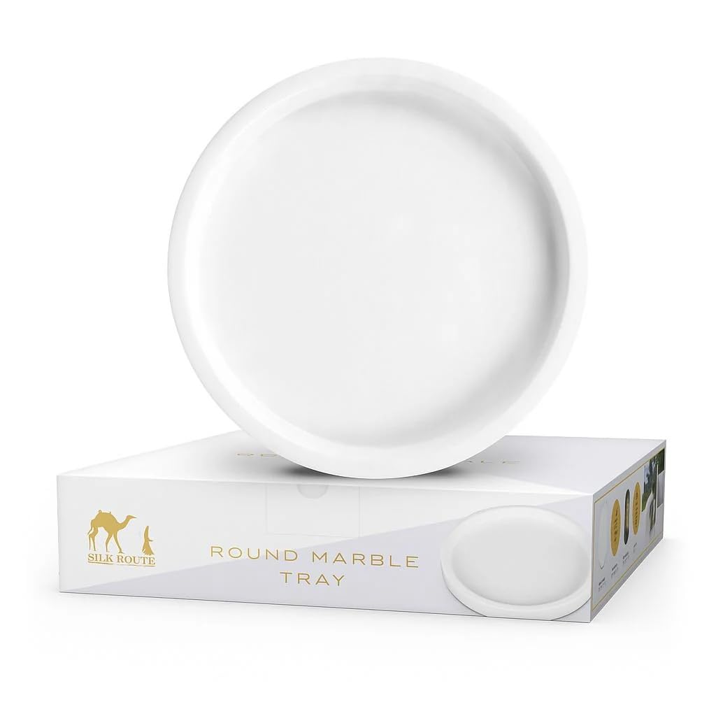 Silk Route Home White Round Marble Vanity Tray from B&Q