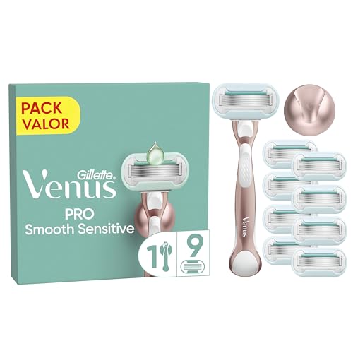 Venus Pro Smooth Sensitive Maquinilla De Depilación De Mujer Para Pieles Sensibles, 1 Mango + 9 Recambio + Soporte Para La Ducha