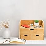 Hacaroa 3 Tier Bamboo Desktop Organizer with 3 Drawers, Mini Tabletop Craft Box Cosmetic Storage Drawer with Handle, Portable Desk Letter Mail Sorter for Office Supply, Toiletries