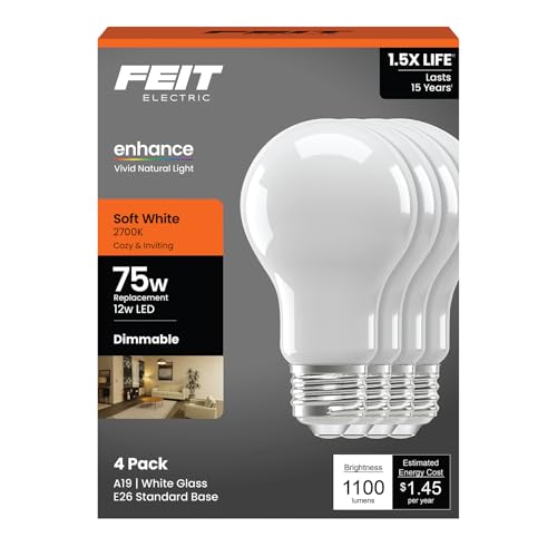 Feit Electric A19 LED Light Bulb, 75W Equivalent, 2700K Soft White, Dimmable, 1100 Lumens, 12W, E...
