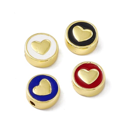 Ipotkitt 10 Pcs Brass Enamel Flat Round Heart Beads Real 18K Gold Plated Beads Colorful Round Shaped Heart Spacer Beads for DIY Bracelets Jewelry Making