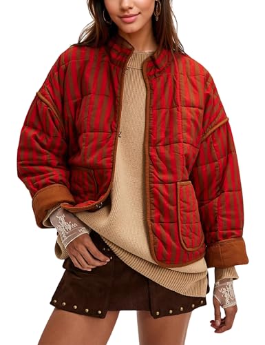 InterNos Womens Quilted Jacket Lightweight Winter Striped Stand Collar Padded Puffer Cardigan Coat with Pockets