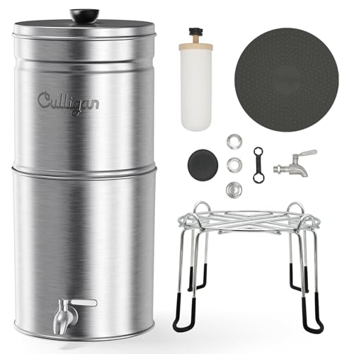 Image of Culligan MaxClear 3 Gallon Gravity Water Filter System, Brushed Stainless-Steel Countertop Water Filter NSF /ANSI Certified to Reduce Microplastics, Lead & Total PFAS, with 3 Ceramic Filters