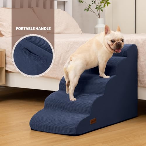 Image of Aodisman Dog Stairs for High Bed,5-Step Pet Ramp for Small Dogs and Cats | 22.2 inch H Dog Steps for Bed with High-Density Foam, Help Olders,Short-Legged Dogs,Puppy and Cats Get on Beds Easily,Grey,Blue