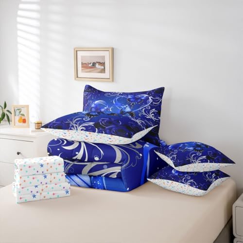 Image of Feelyou Cute Butterfly Comforter Set Twin Size 7 Pieces 3D Butterflies Bedding Set Kids Boys Girls Galaxy Dreamy Bed in a Bag with Comforter, Sheets, Pillowcases, Cushion Covers Glitter Rose Floral