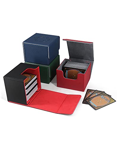 Image of ZLCA Card Deck Box with 2 Dividers for MTG Cards, Large Horizontal Card Storage Box Fits 150+ Single Sleeved Cards, PU Leather Commander Deck box for TCG CCG (Black& Red)