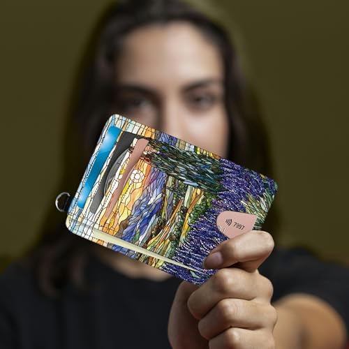 Image of Small Travel Wallets, Stained Glass Lavender Slim Minimalist Front Pocket Wallet with Wristlet, RFID Blocking PU Leather Credit Card Holder with ID Window Change Purse for Men Women