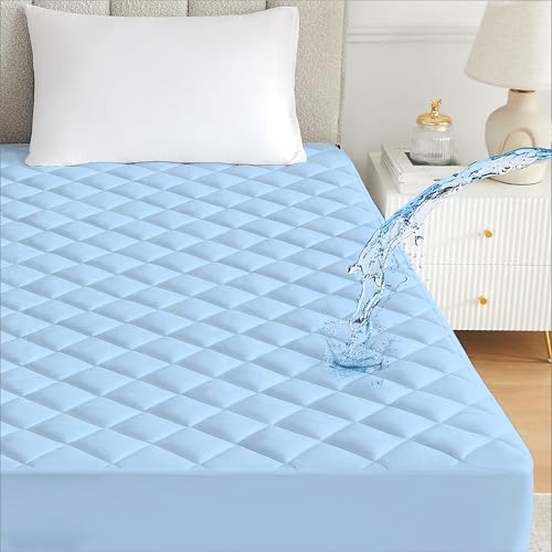 Image of Ayka 100% Waterproof Double Size 72x48 inch Cotton Quilted Mattress Protector Breathable Hypoallergenic Noiseless Ultra Soft Elastic Fitted Bed Protector Mattress /Bed Cover (Blue, Double (72 * 48 inch))