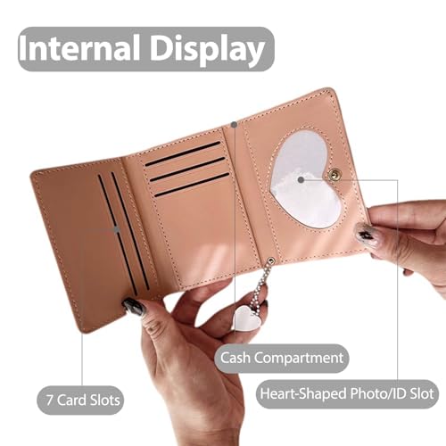 Small Wallets for Women and Girls with Heart-Shaped Pendant and Pattern, Womens Wallet PU Leather Wallet Trifold Wallets with 7 Credit Cards Slots and ID Window (Heart, Black)3