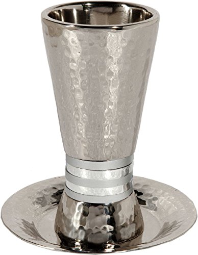 Yair Emanuel | Hammered Nickel Cylinder Shaped Kiddush Cup With Silver Rings |