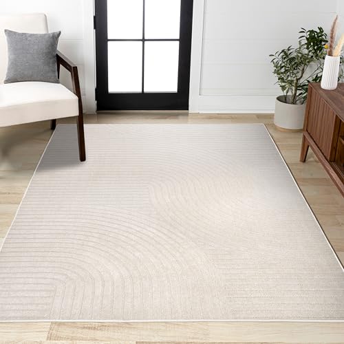 JONATHAN Y Hallie High-Low Curve Ivory/Cream Indoor/Outdoor Area Rug, 8x10, Minimalist, Pet Friendly, Non-Shedding, Stain Resistant, Hose-Washable for Backyard, Patio, Porch (SCN100B-8)