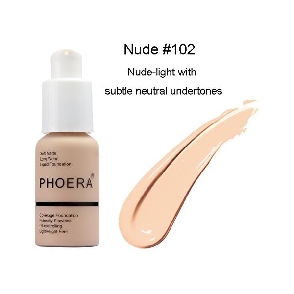 PHOERA 30ml Foundation Liquid Full Coverage 24HR Matte Oil Control Concealer (Nude & Buff Beige) with 6ml Makeup Face Primer & Kabuki Foundation Brush Flat Top