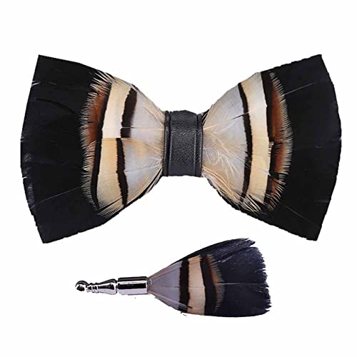 Sadiyamo Feather Bow Tie Feather Necktie Peacock Pre-tied Bow Tie and Brooch Sets with Product Box