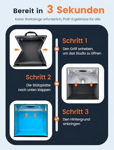 DUCLUS Fotobox 40x40 cm Faltbare Fotostudio, 5500K Dimmbare Lichtzelt Set mit 160 LED Beleuchtung und 8 Produktfotografie Hintergründe