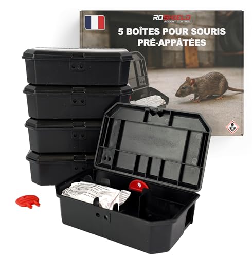 Roshield – Lot de 5 boîtes appât Souris préremplies prêtes à l’Emploi | Station Anti souri s intérieur/extérieur | Alternative au piège à souri s...