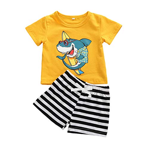 Newborn Infant Baby Boy Summer Clothes Short Sleeve T-Shirt Top Stripe Print Shorts Outfit Set (Yellow-Shark, 3-6 Months)